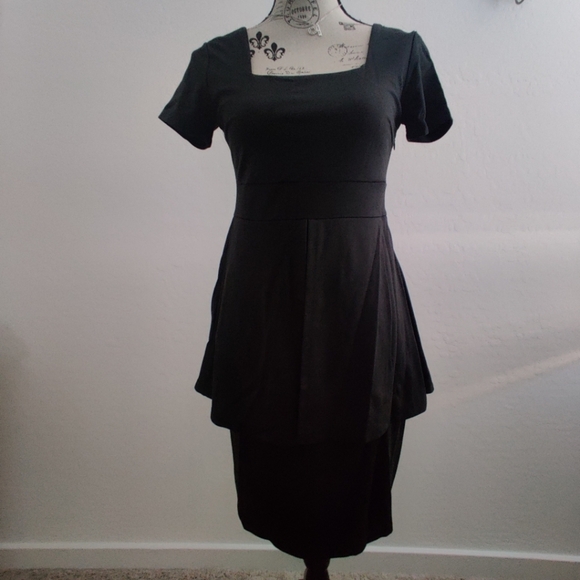 🆕 Vfish Black Layered Peplum Square Neckline Midi Dress_Small - Picture 1 of 10